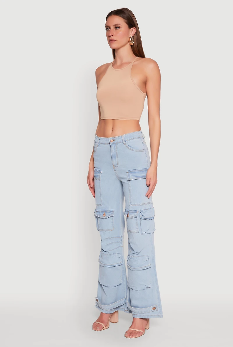 Womens Daisy Cargo Pocket Flare Jeans, Blue, Size S