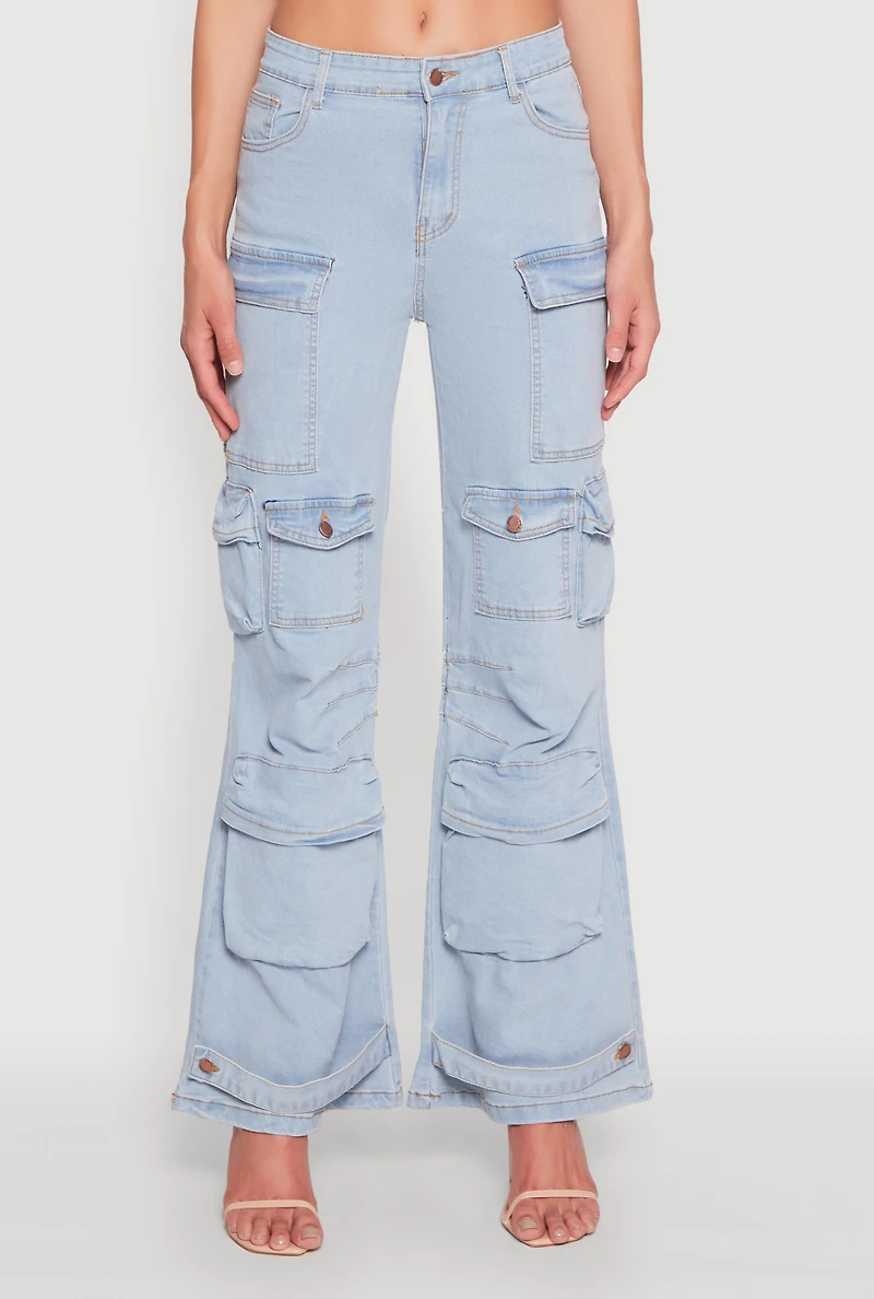 Womens Daisy Cargo Pocket Flare Jeans, Blue, Size S