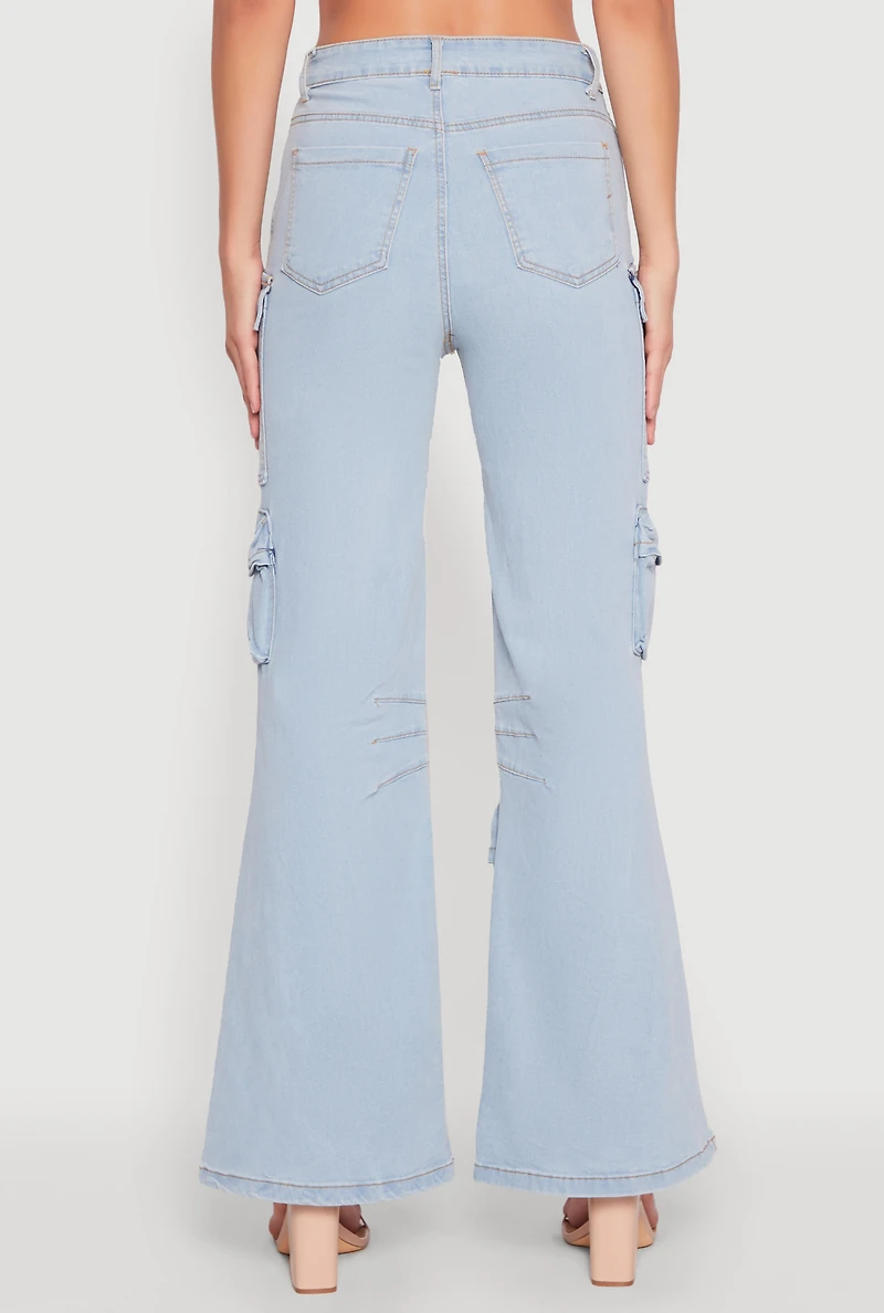 Womens Daisy Cargo Pocket Flare Jeans, Blue, Size S