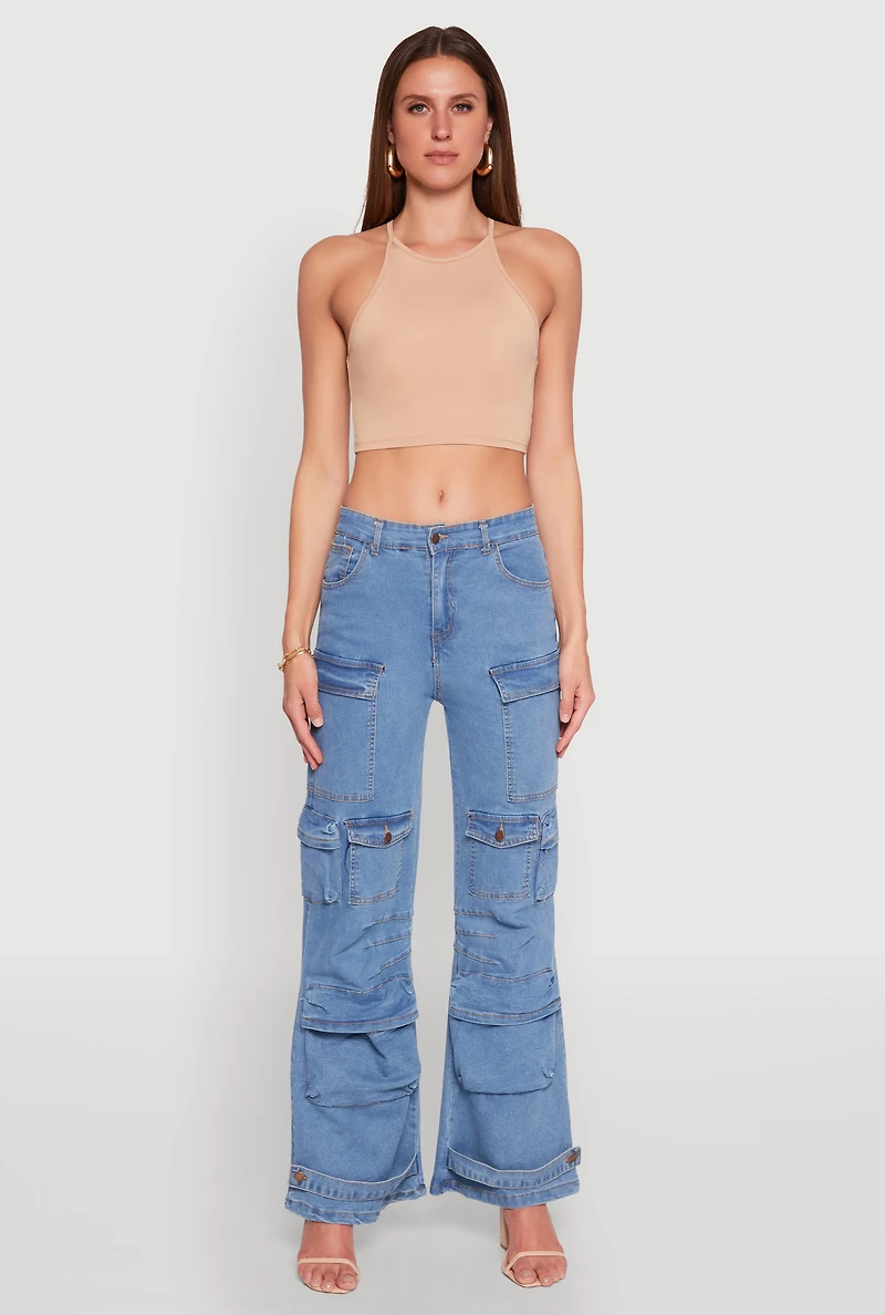 Womens Daisy Cargo Pocket Flare Jeans, Blue,