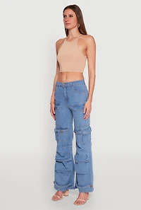 Womens Daisy Cargo Pocket Flare Jeans, Blue, Size S