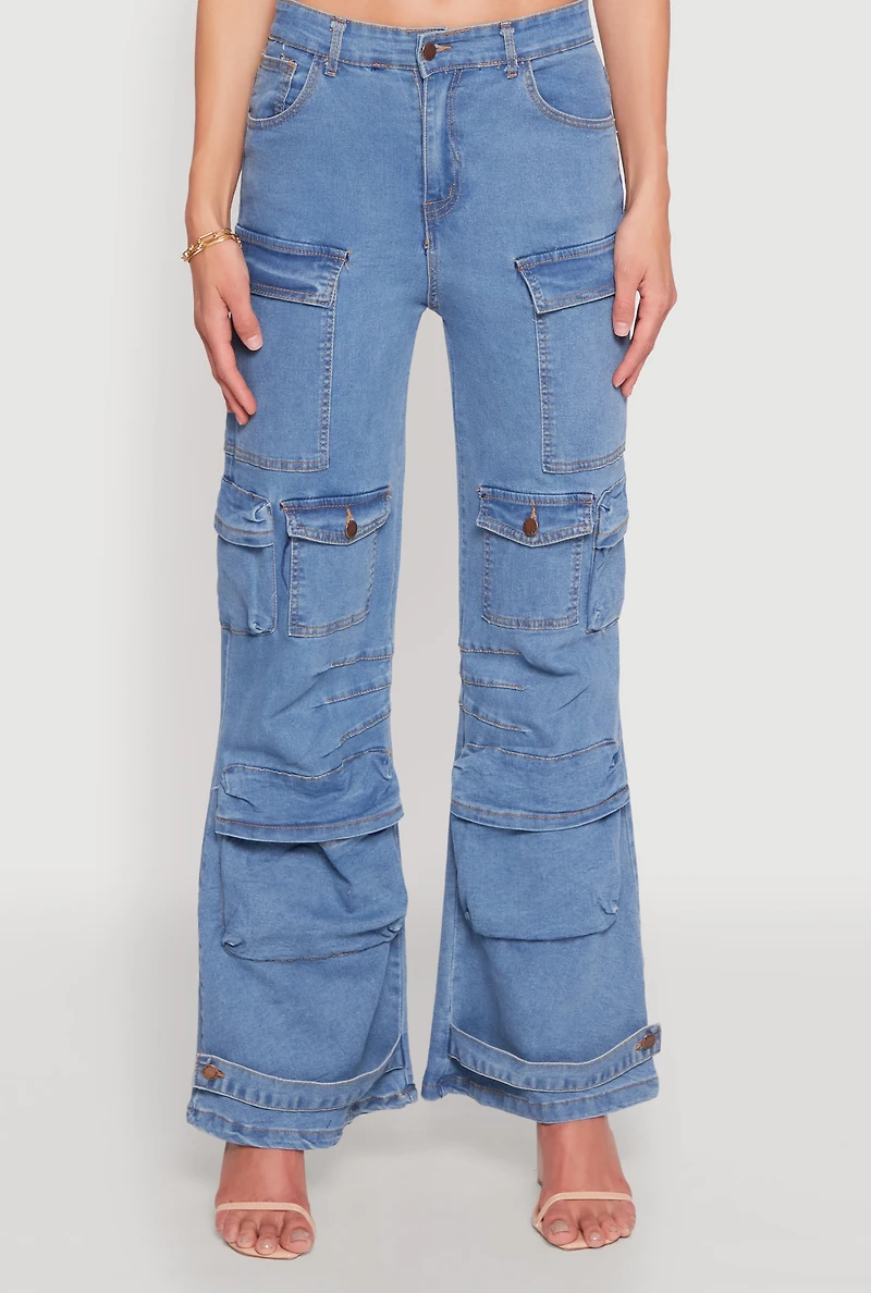 Womens Daisy Cargo Pocket Flare Jeans, Blue,
