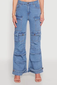Womens Daisy Cargo Pocket Flare Jeans, Blue,