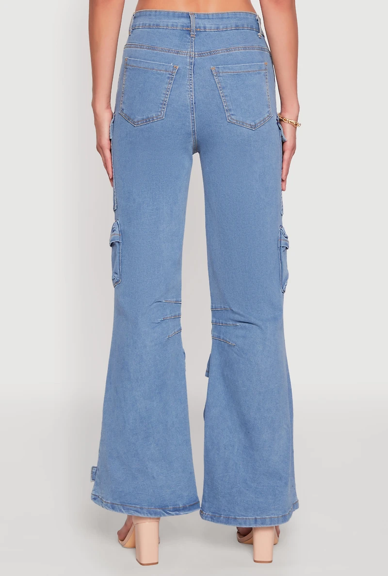 Womens Daisy Cargo Pocket Flare Jeans, Blue, Size S