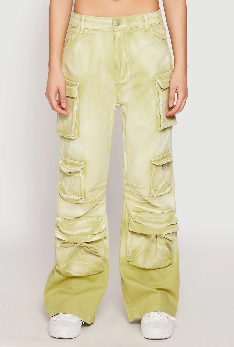 Womens Daisy Mineral Wash Cargo Baggy Jeans, Green, Size M