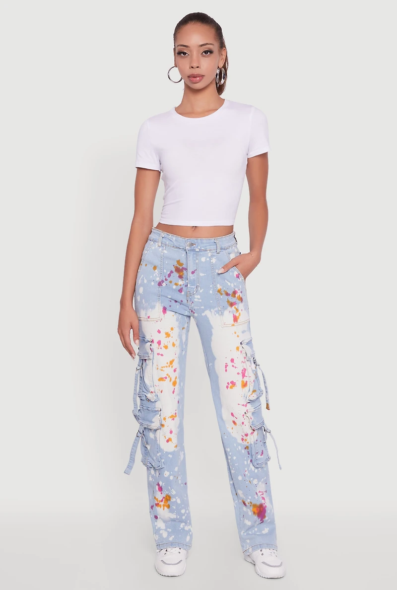 Womens Paint Splattered Straight Leg Cargo Jeans,