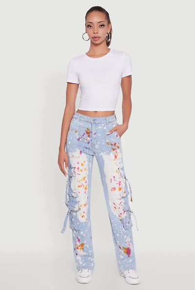Womens Paint Splattered Straight Leg Cargo Jeans, Blue, Size S