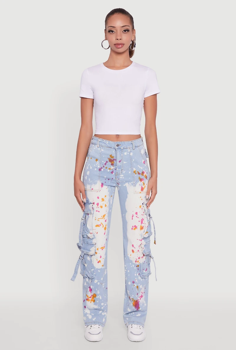 Womens Paint Splattered Straight Leg Cargo Jeans, Blue, Size S