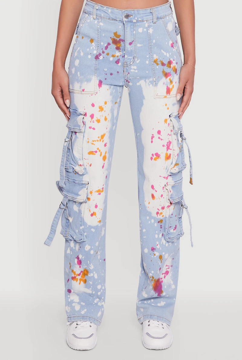 Womens Paint Splattered Straight Leg Cargo Jeans,