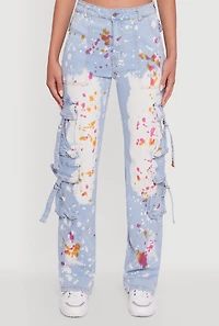 Womens Paint Splattered Straight Leg Cargo Jeans, Blue, Size S