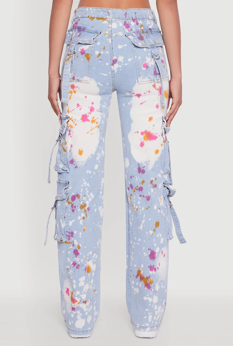 Womens Paint Splattered Straight Leg Cargo Jeans,