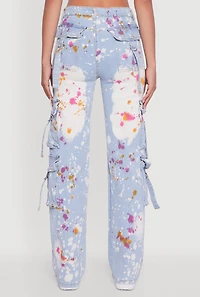 Womens Paint Splattered Straight Leg Cargo Jeans, Blue, Size S