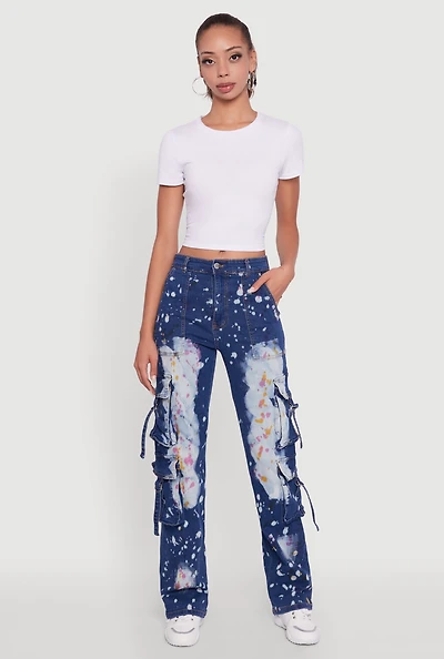 Womens Paint Splattered Straight Leg Cargo Jeans, Blue, Size M