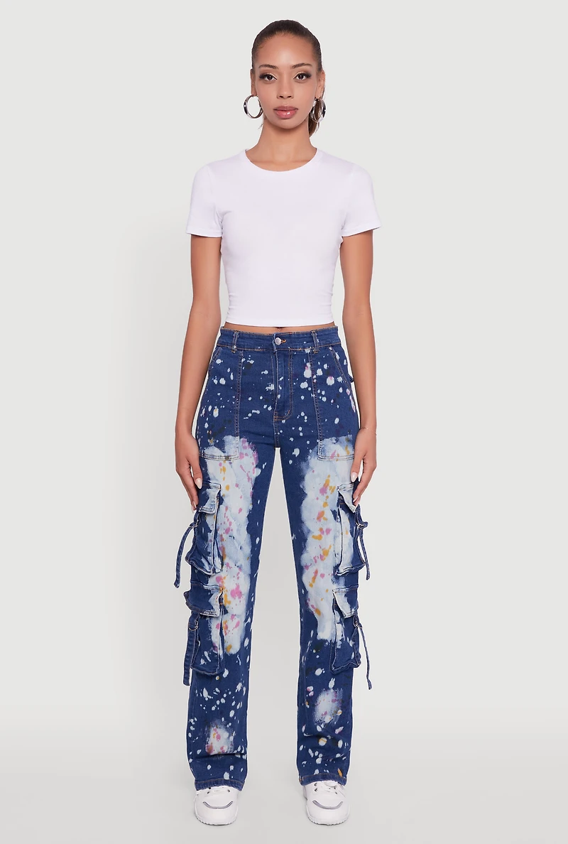 Womens Paint Splattered Straight Leg Cargo Jeans, Blue, Size M