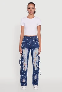 Womens Paint Splattered Straight Leg Cargo Jeans, Blue, Size M