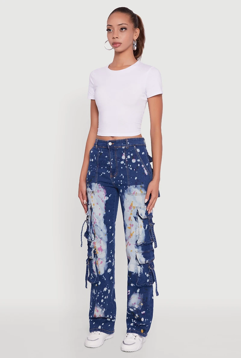 Womens Paint Splattered Straight Leg Cargo Jeans, Blue, Size M
