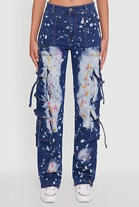 Womens Paint Splattered Straight Leg Cargo Jeans, Blue, Size M