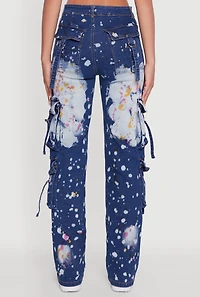 Womens Paint Splattered Straight Leg Cargo Jeans, Blue, Size M