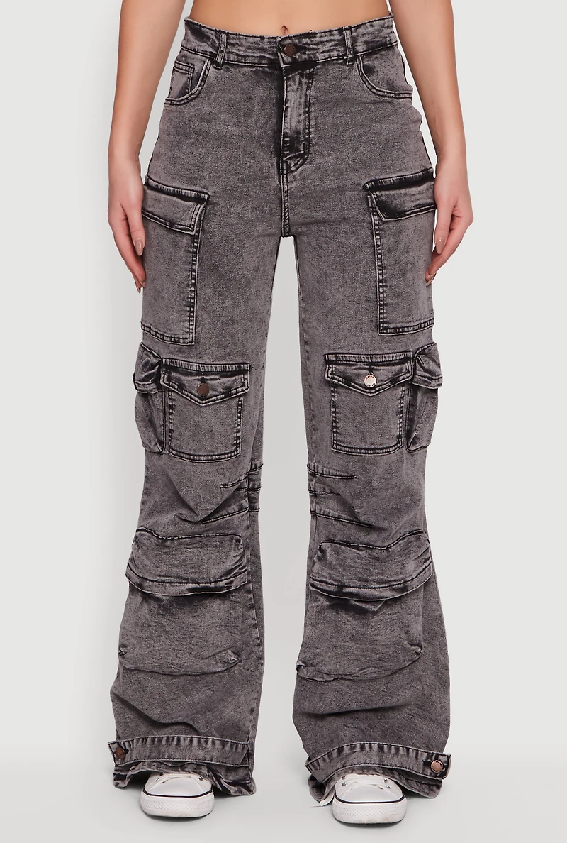 Acid Wash Flare Leg Utility Jeans
