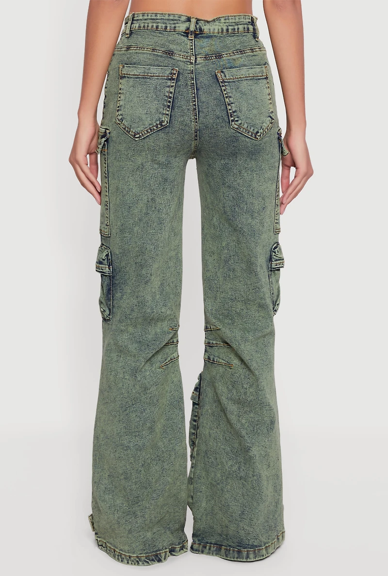 Womens Acid Wash Flare Leg Utility Jeans, Green, Size S