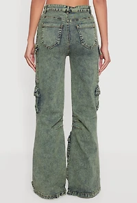 Womens Acid Wash Flare Leg Utility Jeans, Green, Size S