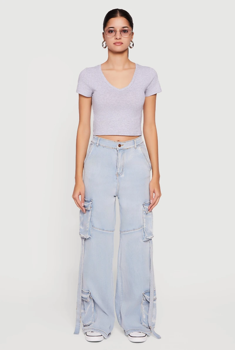 High Waisted Decorative Stitch Cargo Pocket Jeans
