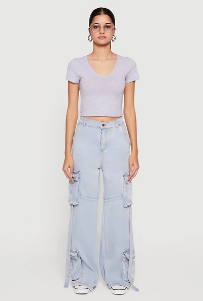 High Waisted Decorative Stitch Cargo Pocket Jeans