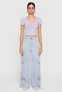 High Waisted Decorative Stitch Cargo Pocket Jeans