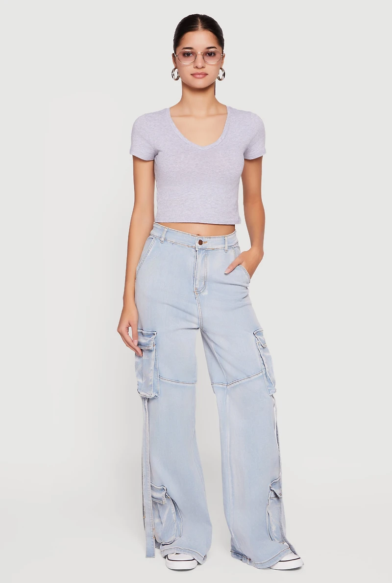 High Waisted Decorative Stitch Cargo Pocket Jeans