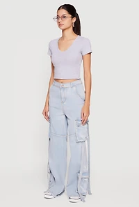 High Waisted Decorative Stitch Cargo Pocket Jeans