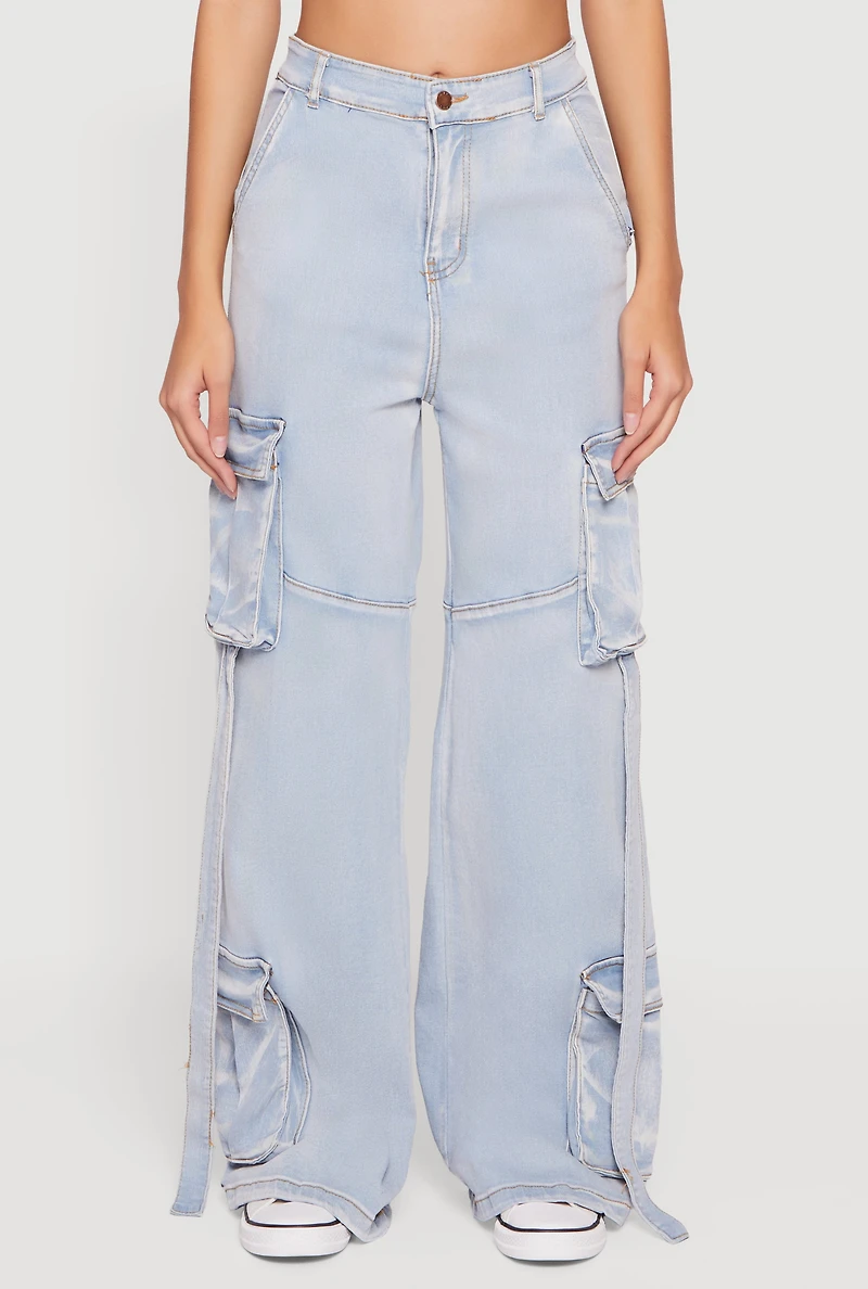High Waisted Decorative Stitch Cargo Pocket Jeans