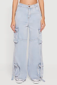 High Waisted Decorative Stitch Cargo Pocket Jeans