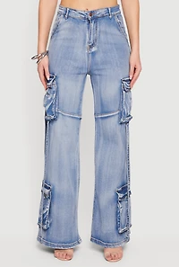 Womens High Waisted Decorative Stitch Cargo Pocket Jeans, Blue, Size S