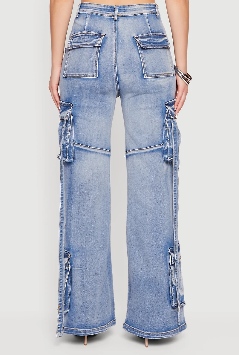 Womens High Waisted Decorative Stitch Cargo Pocket Jeans, Blue, Size S