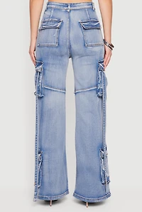 Womens High Waisted Decorative Stitch Cargo Pocket Jeans, Blue, Size S
