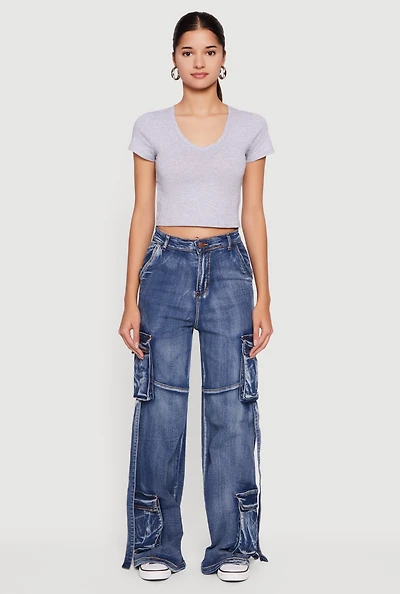 High Waisted Decorative Stitch Cargo Pocket Jeans
