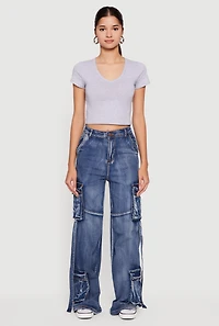 High Waisted Decorative Stitch Cargo Pocket Jeans
