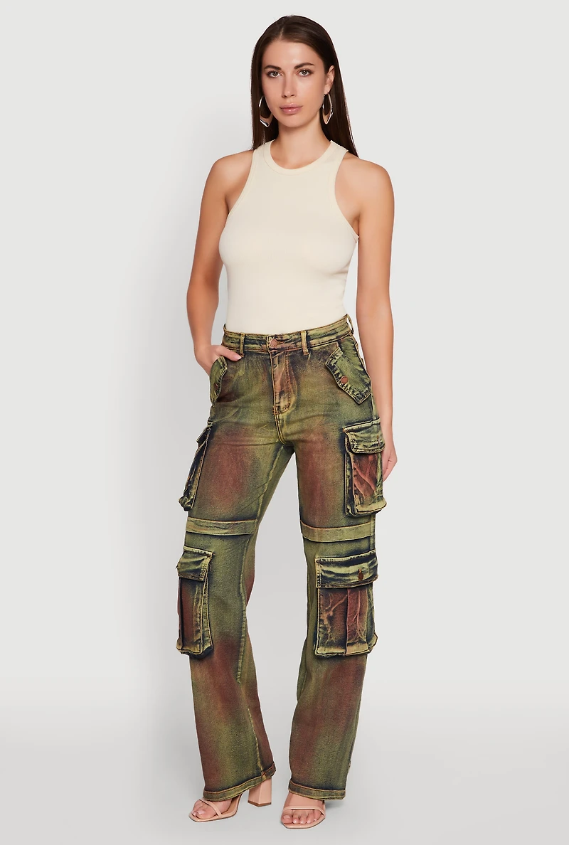 Womens Acid Wash Wide Leg Cargo Jeans, Multi, Size M