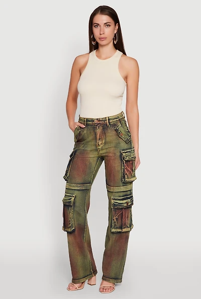 Womens Acid Wash Wide Leg Cargo Jeans, Multi, Size M