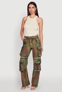 Womens Acid Wash Wide Leg Cargo Jeans, Multi, Size M