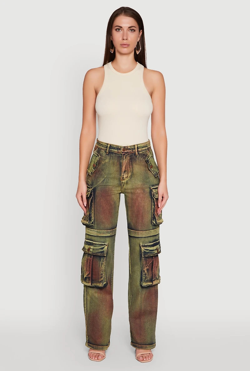 Womens Acid Wash Wide Leg Cargo Jeans, Multi, Size M