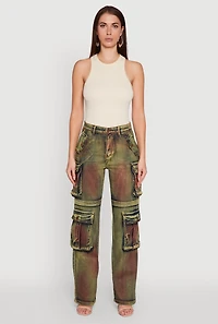 Womens Acid Wash Wide Leg Cargo Jeans, Multi, Size M