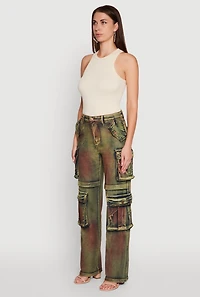 Womens Acid Wash Wide Leg Cargo Jeans, Multi, Size M