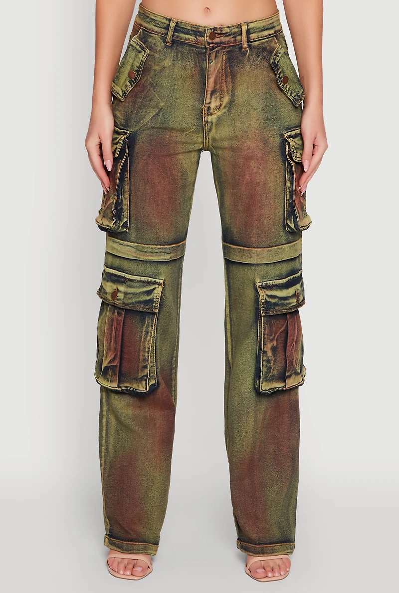 Womens Acid Wash Wide Leg Cargo Jeans, Multi, Size XL