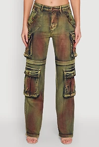 Womens Acid Wash Wide Leg Cargo Jeans, Multi, Size XL