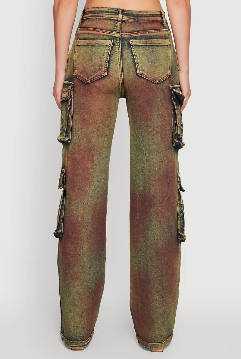 Womens Acid Wash Wide Leg Cargo Jeans, Multi, Size XL