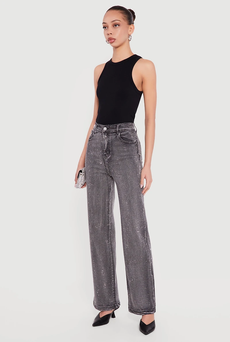 Rhinestone Studded High Waisted Straight Leg Jeans