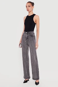 Rhinestone Studded High Waisted Straight Leg Jeans