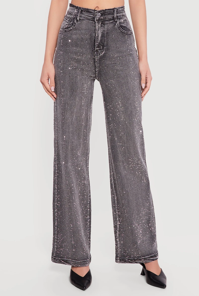 Rhinestone Studded High Waisted Straight Leg Jeans