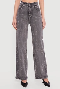 Rhinestone Studded High Waisted Straight Leg Jeans